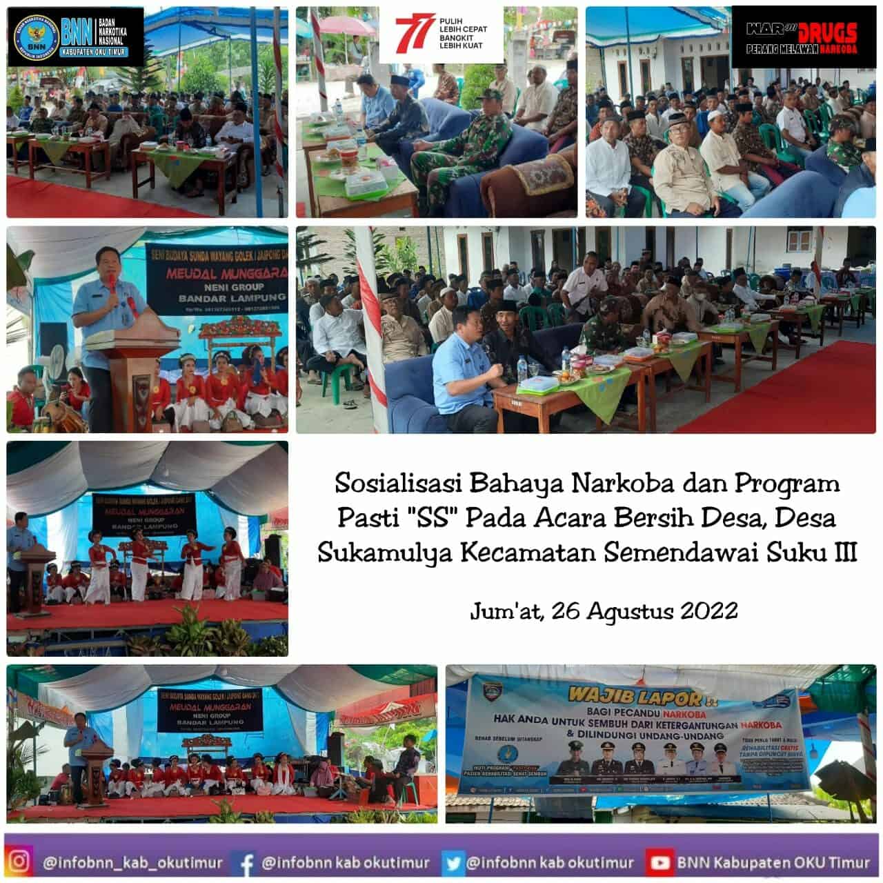 BNNK OKU TIMUR MELAKSANAKAN SOSIALISASI BAHAYA NARKOBA DAN PROGRAM PASTI SS DI DESA SUKAMULYA KEC. SEMENDAWAI SUKU III OKU TIMUR BNNK OKU TIMUR MELAKSANAKAN SOSIALISASI BAHAYA NARKOBA DAN PROGRAM PASTI SS DI DESA SUKAMULYA KEC. SEMENDAWAI SUKU III OKU TIMUR
